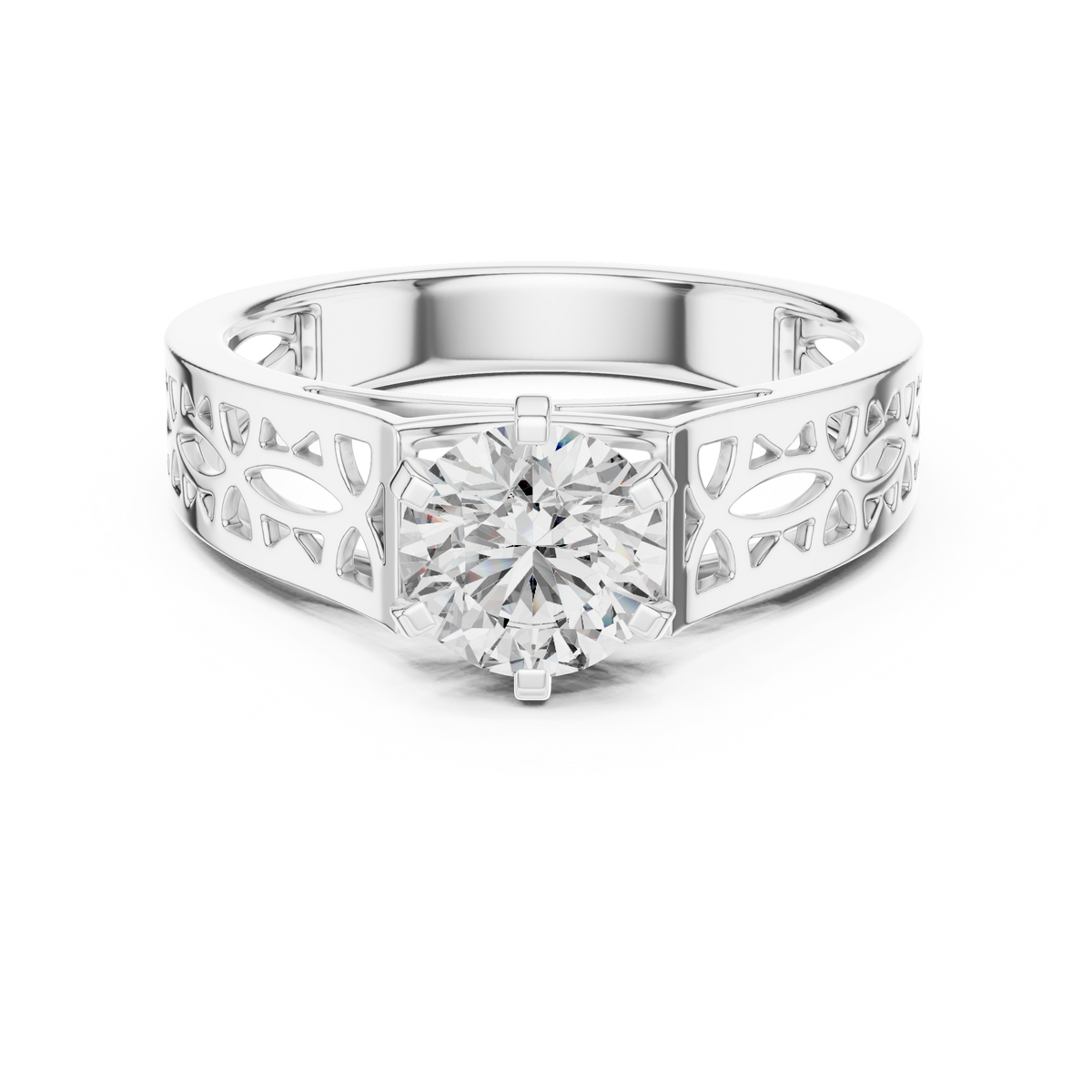 1 Ct Round Lab Grown Diamond Filigree Solitaire Engagement Ring in 14K White Gold with Hand-Pierced Openwork Band