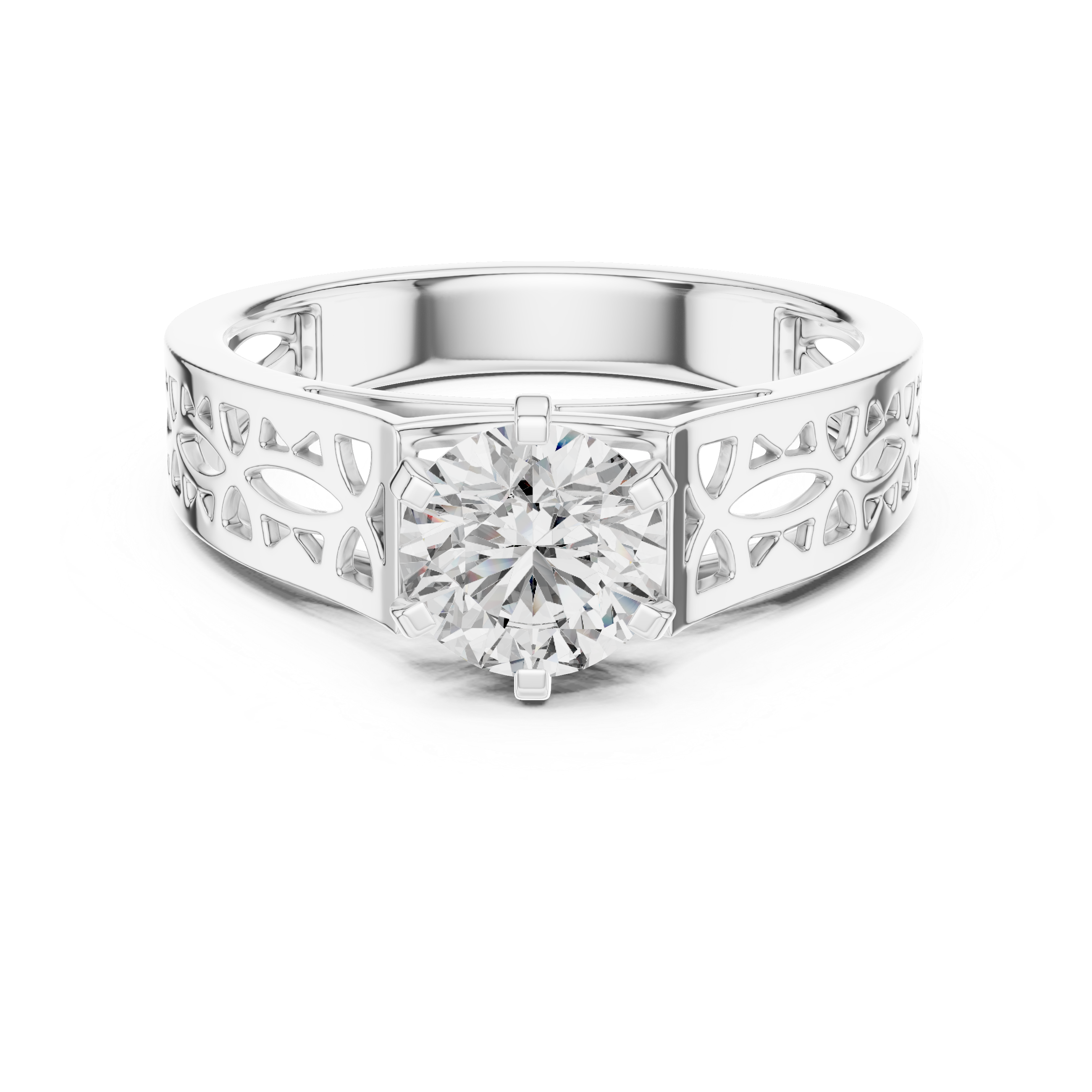 1 Ct Round Lab Grown Diamond Filigree Solitaire Engagement Ring in 14K White Gold with Hand-Pierced Openwork Band