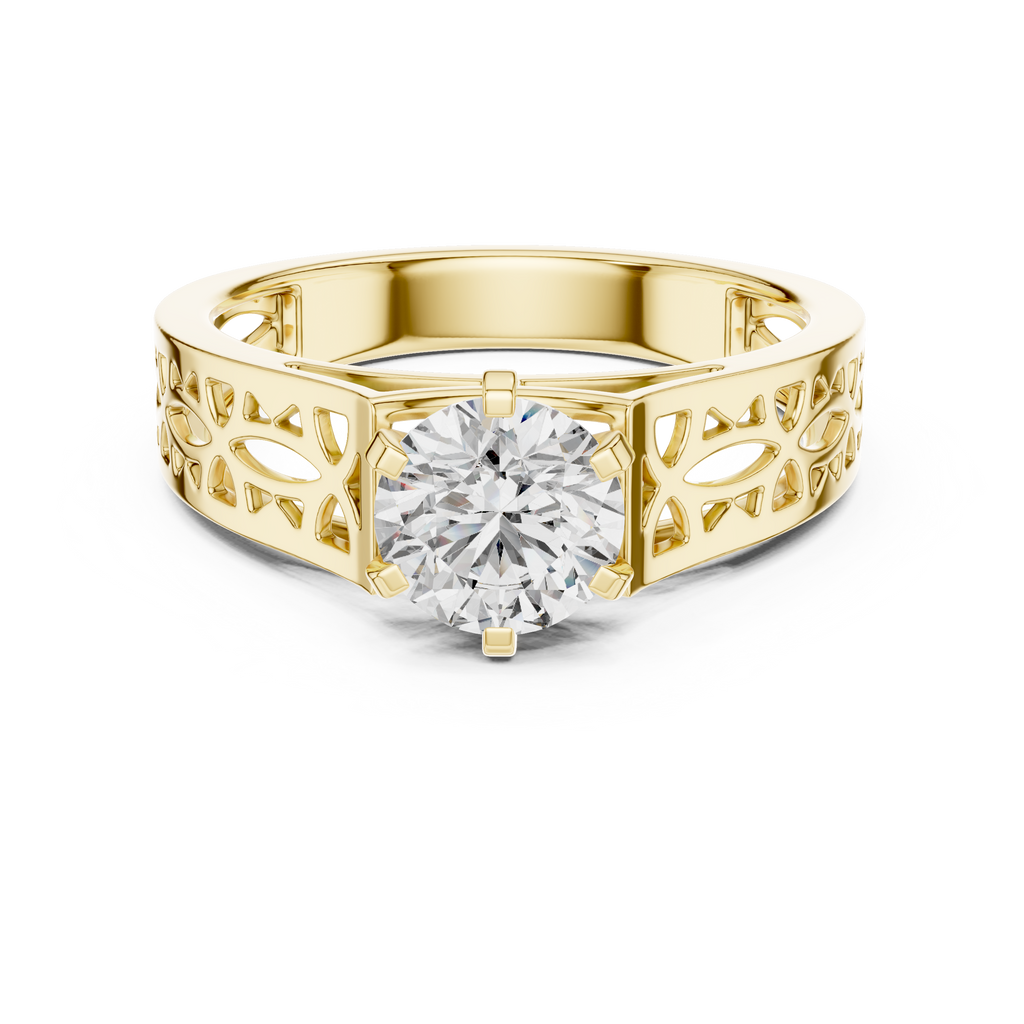 1 Ct Round Lab Grown Diamond Filigree Solitaire Engagement Ring in Yellow Gold with Hand-Pierced Openwork Band