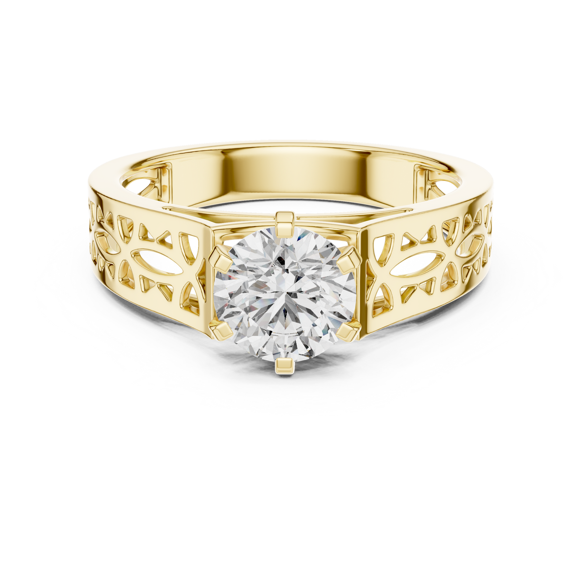 1 Ct Round Lab Grown Diamond Filigree Solitaire Engagement Ring in Yellow Gold with Hand-Pierced Openwork Band