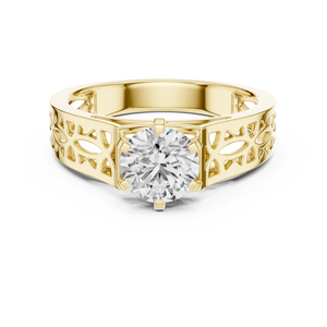 1 Ct Round Lab Grown Diamond Filigree Solitaire Engagement Ring in Yellow Gold with Hand-Pierced Openwork Band