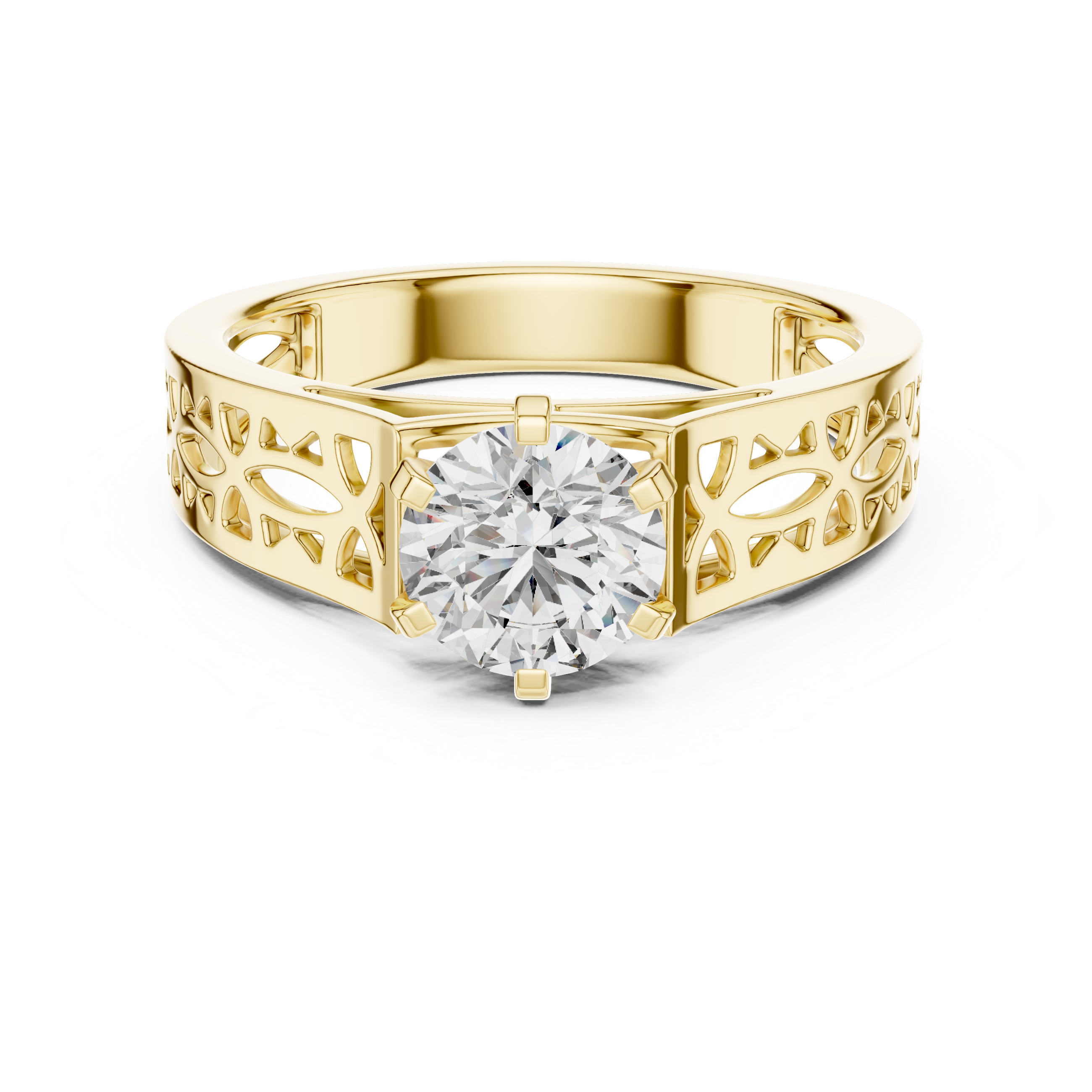 1 Ct Round Lab Grown Diamond Filigree Solitaire Engagement Ring in Yellow Gold with Hand-Pierced Openwork Band