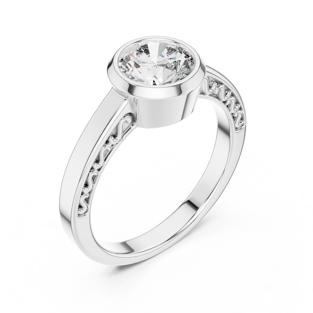 1 Ct Round Lab Grown Diamond Bezel Solitaire Engagement Ring in 14K White Gold with Comfort Fit Band