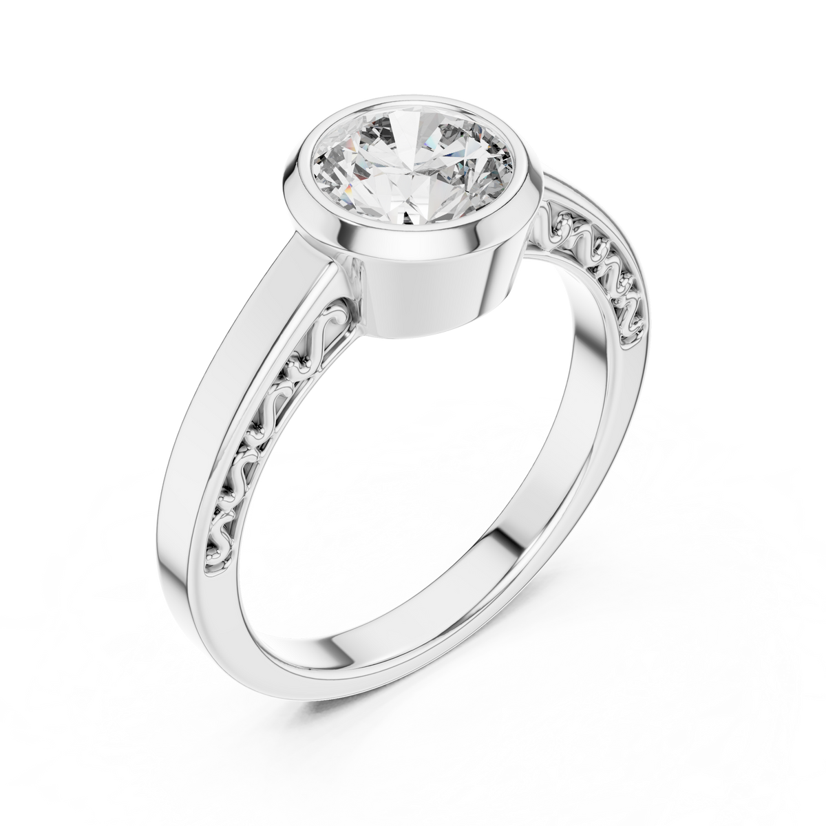 1 Ct Round Lab Grown Diamond Bezel Solitaire Engagement Ring in 14K White Gold with Comfort Fit Band