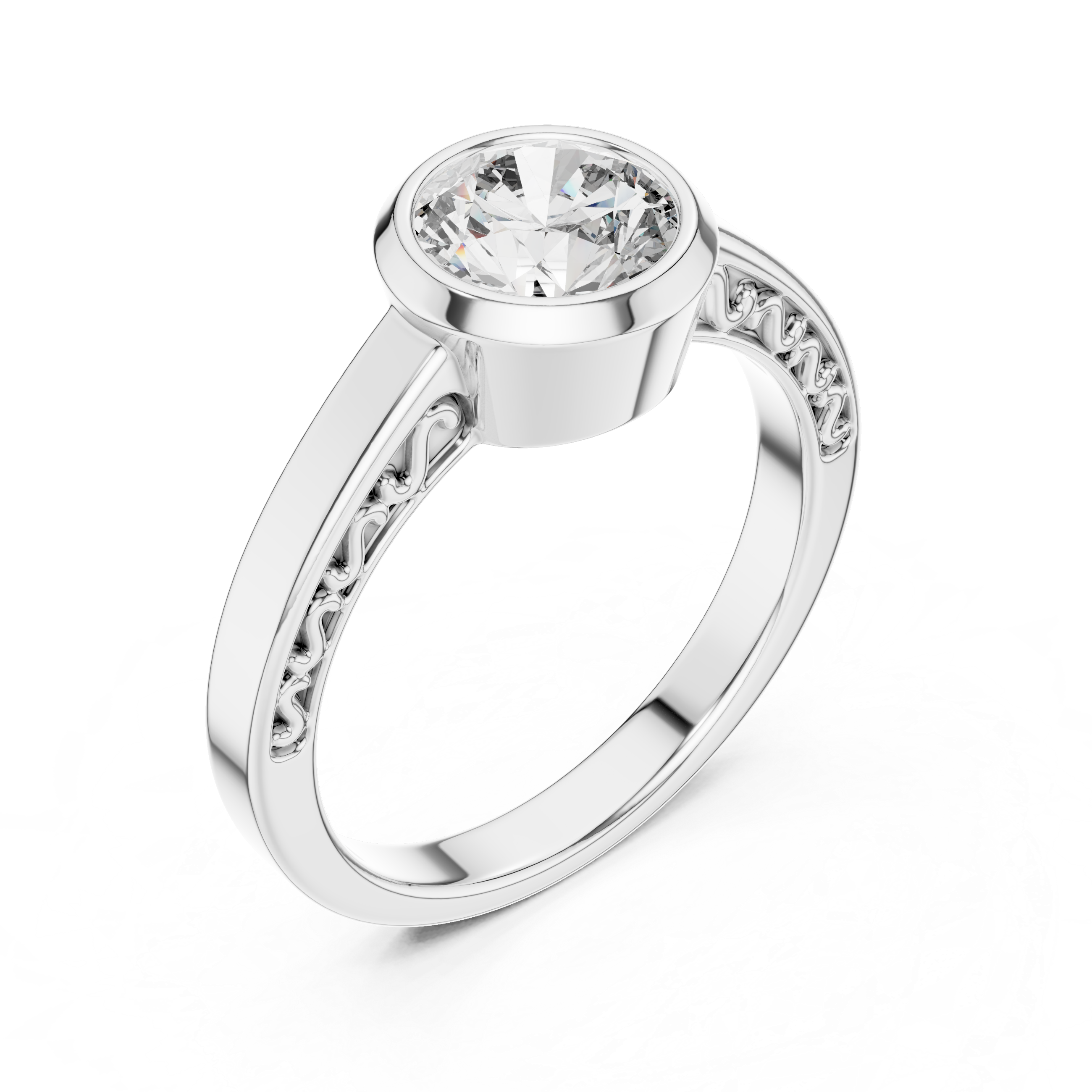 1 Ct Round Lab Grown Diamond Bezel Solitaire Engagement Ring in 14K White Gold with Comfort Fit Band