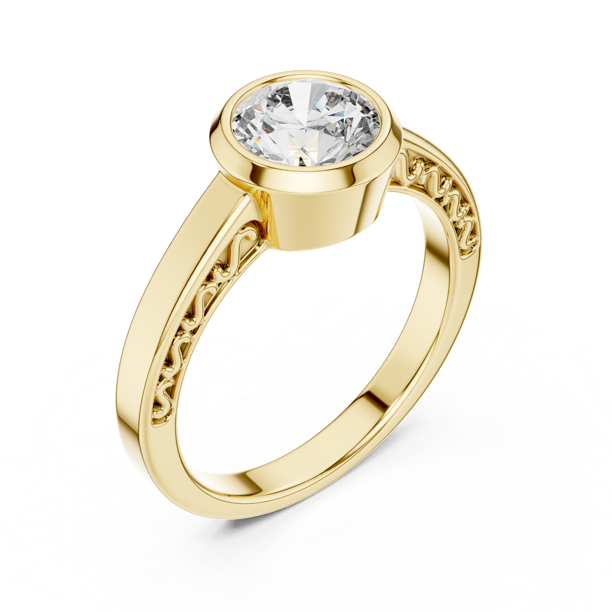 1 Ct Round Lab Grown Diamond Bezel Solitaire Engagement Ring in 14K Yellow Gold with Comfort Fit Band