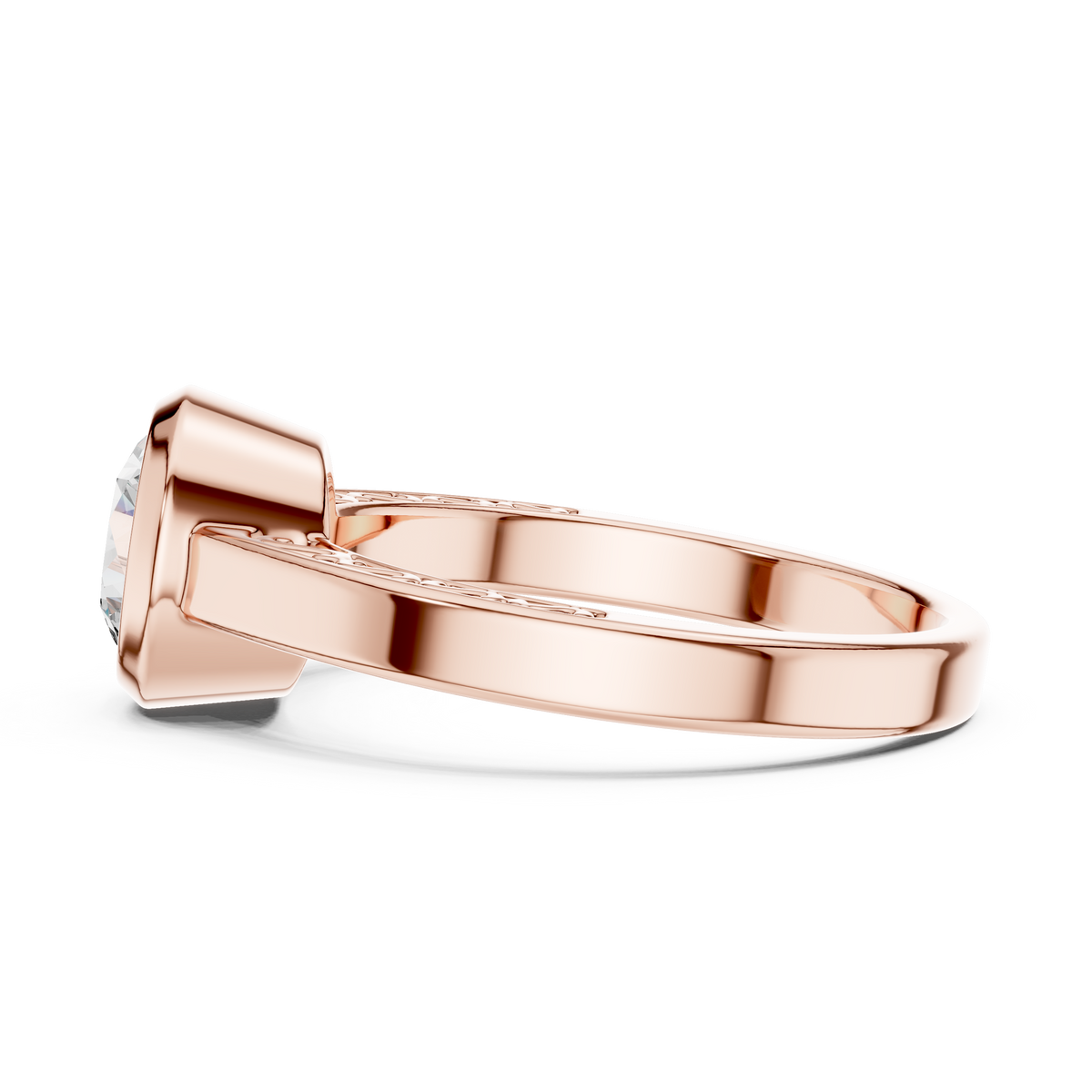 1 Ct Round Lab Grown Diamond Bezel Solitaire Engagement Ring in 14K Rose Gold with Comfort Fit Band.