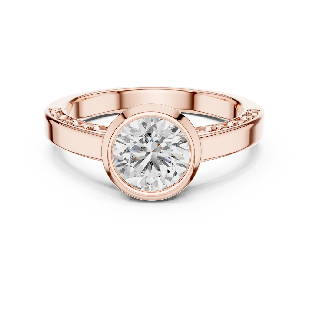1 Ct Round Lab Grown Diamond Bezel Solitaire Engagement Ring in 14K Rose Gold with Comfort Fit Band