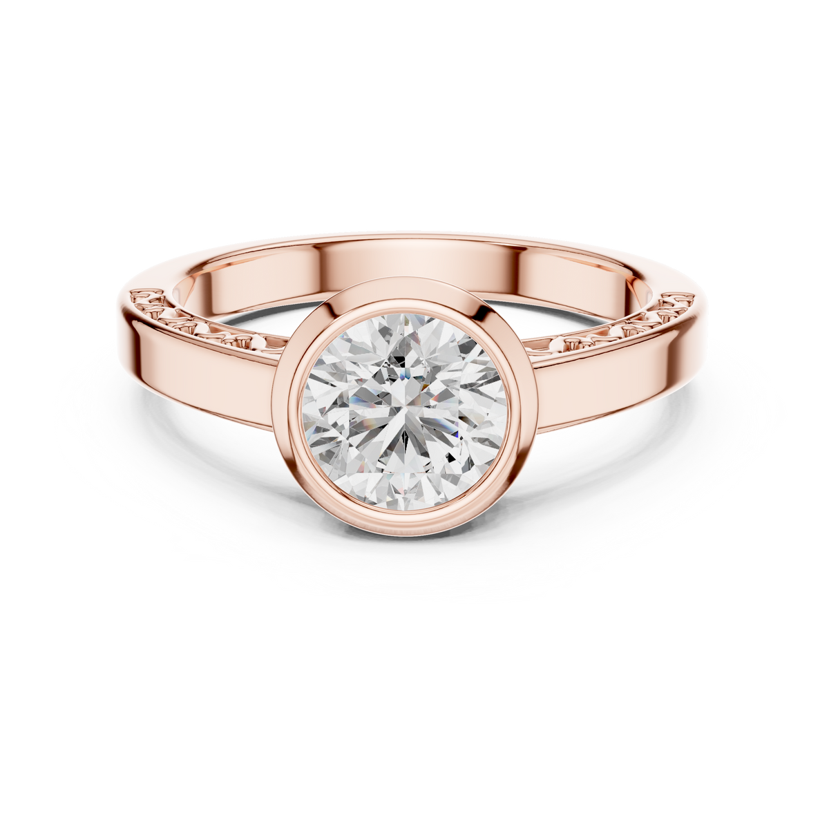 1 Ct Round Lab Grown Diamond Bezel Solitaire Engagement Ring in 14K Rose Gold with Comfort Fit Band