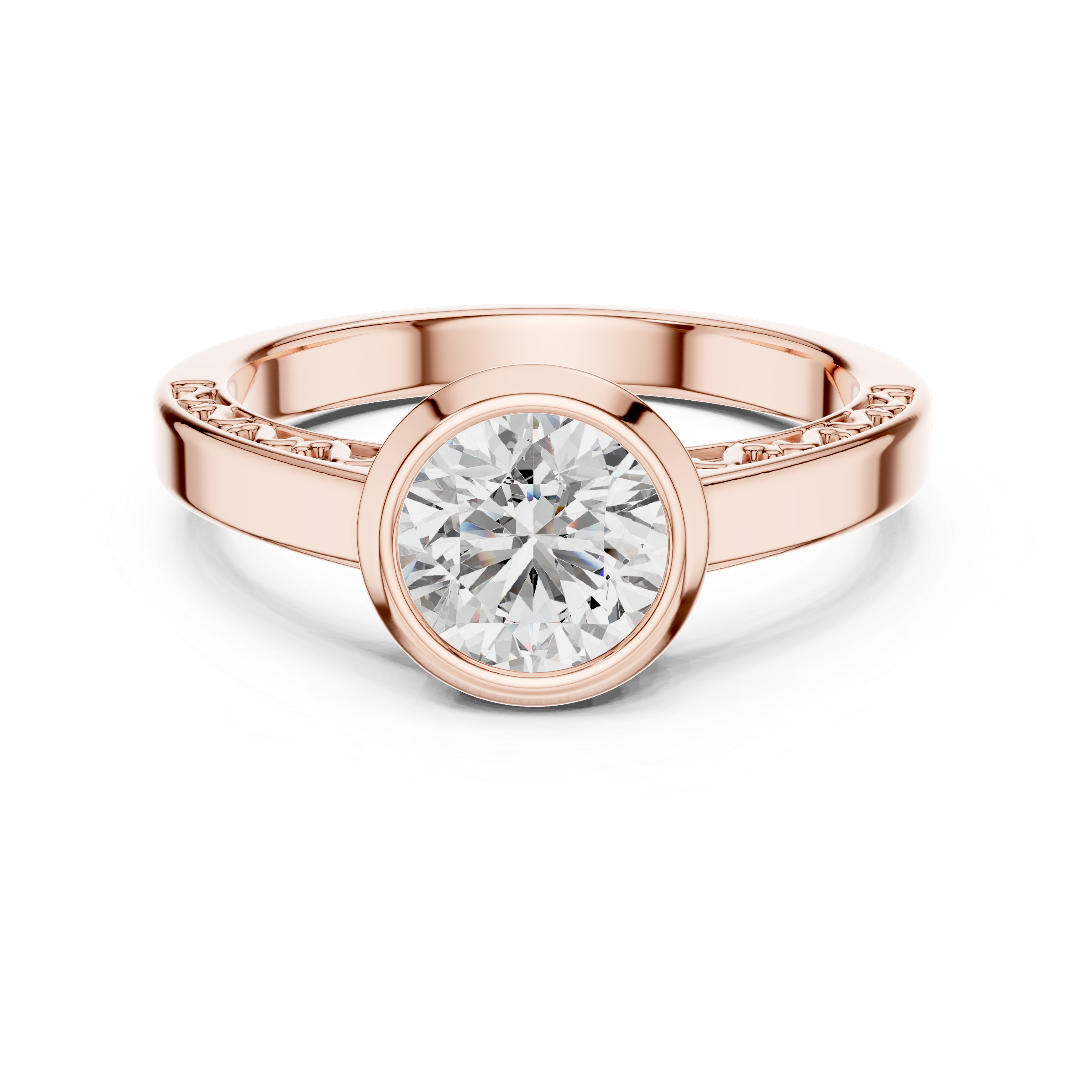 1 Ct Round Lab Grown Diamond Bezel Solitaire Engagement Ring in 14K Rose Gold with Comfort Fit Band