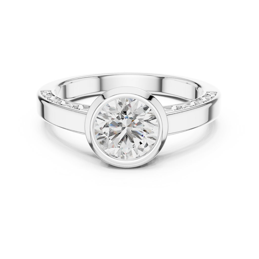 1 Ct Round Lab Grown Diamond Bezel Solitaire Engagement Ring in White Gold with Comfort Fit Band