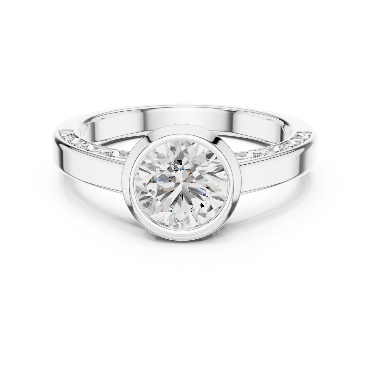 1 Ct Round Lab Grown Diamond Bezel Solitaire Engagement Ring in White Gold with Comfort Fit Band