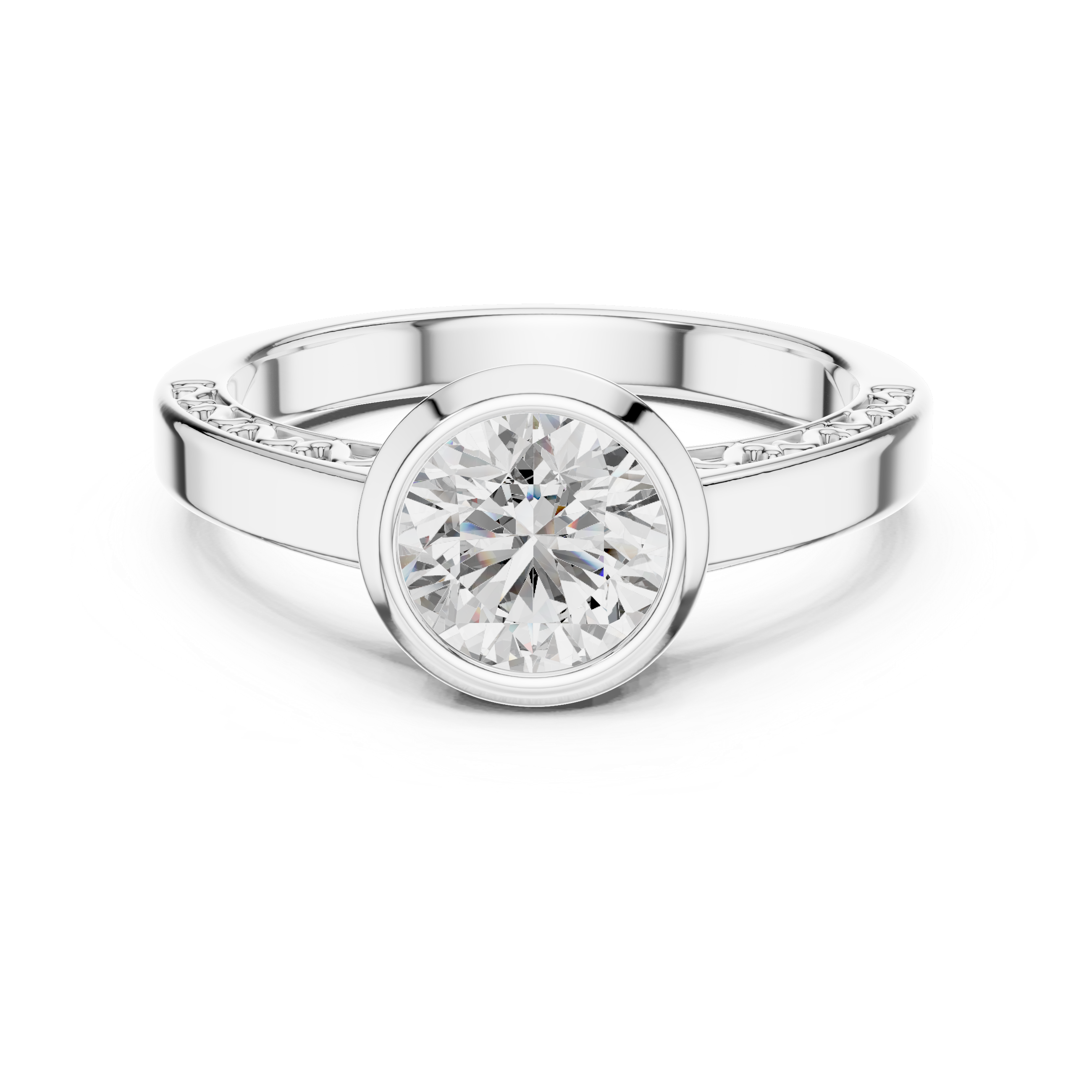 1 Ct Round Lab Grown Diamond Bezel Solitaire Engagement Ring in White Gold with Comfort Fit Band
