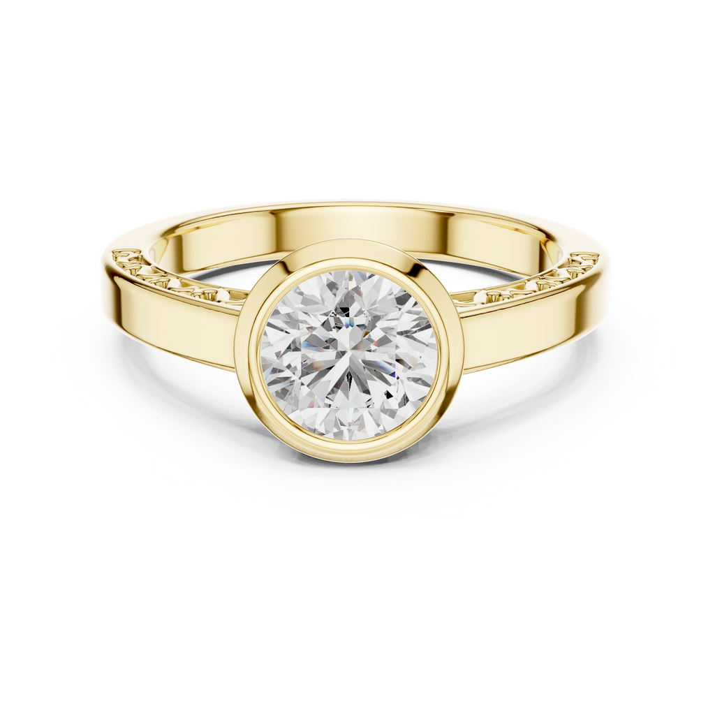 1 Ct Round Lab Grown Diamond Bezel Solitaire Engagement Ring in 14K Yellow Gold with Comfort Fit Band