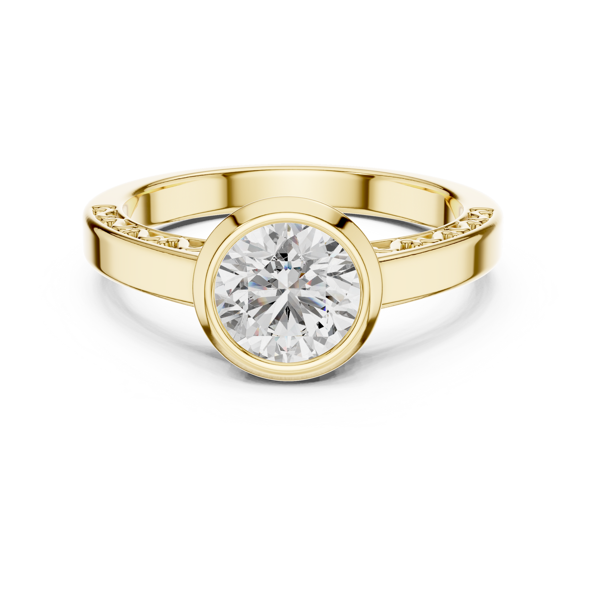 1 Ct Round Lab Grown Diamond Bezel Solitaire Engagement Ring in 14K Yellow Gold with Comfort Fit Band