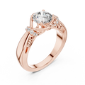 Rose gold round cut lab-grown diamond engagement ring with woven vine design on a transparent background.