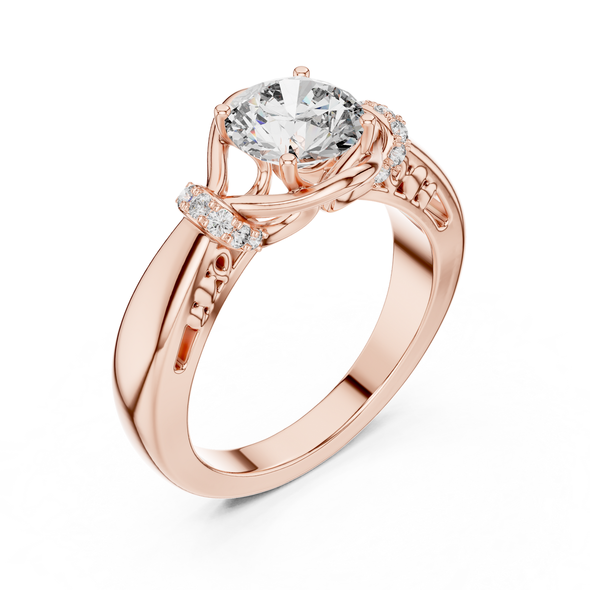 Rose gold round cut lab-grown diamond engagement ring with woven vine design on a transparent background.