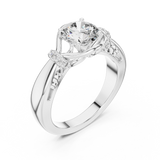 White gold round cut lab-grown diamond engagement ring with woven vine design on a transparent background