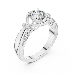 White gold round cut lab-grown diamond engagement ring with woven vine design on a transparent background