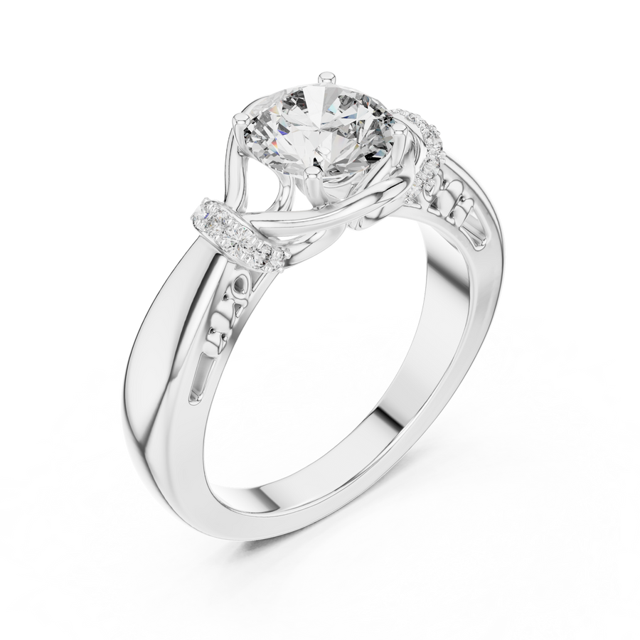 White gold round cut lab-grown diamond engagement ring with woven vine design on a transparent background