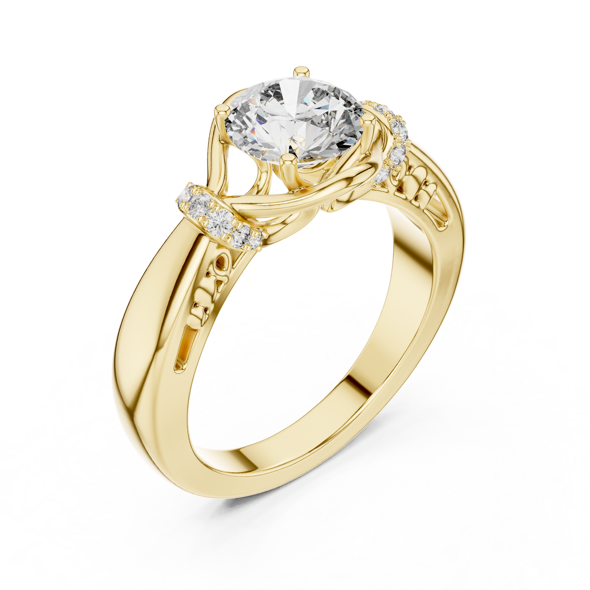 yellow gold round cut lab-grown diamond engagement ring with woven vine design on a transparent background
