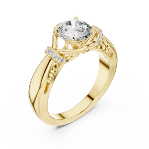 yellow gold round cut lab-grown diamond engagement ring with woven vine design on a transparent background