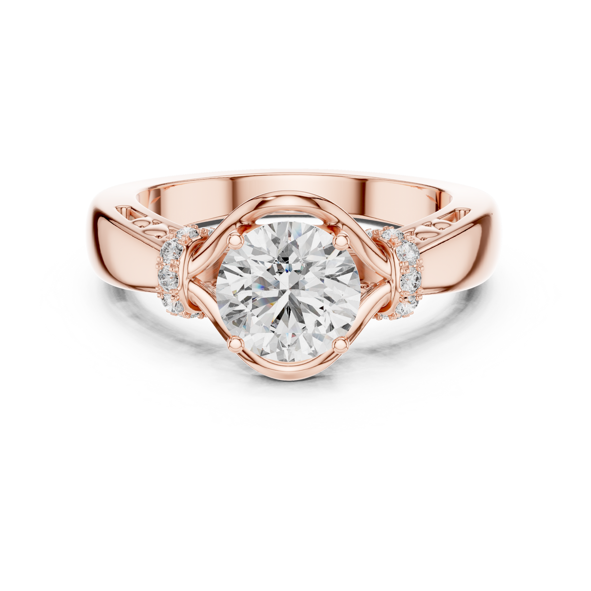 Rose gold round cut lab-grown diamond engagement ring with side stones on a transparent background