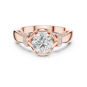 Rose gold round cut lab-grown diamond engagement ring with side stones on a transparent background