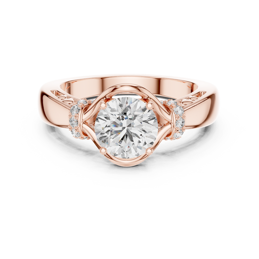 Rose gold round cut lab-grown diamond engagement ring with side stones on a transparent background
