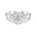 White gold round cut lab-grown diamond engagement ring with side stones on a transparent background.