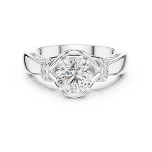 White gold round cut lab-grown diamond engagement ring with side stones on a transparent background.