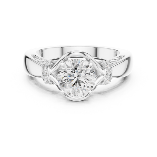 White gold round cut lab-grown diamond engagement ring with side stones on a transparent background.