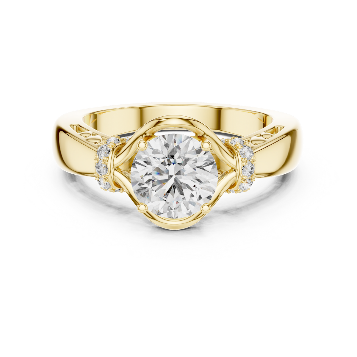 Yellow gold round cut lab-grown diamond engagement ring with woven vine design on a transparent background