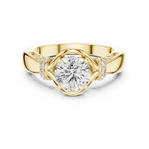 Yellow gold round cut lab-grown diamond engagement ring with woven vine design on a transparent background