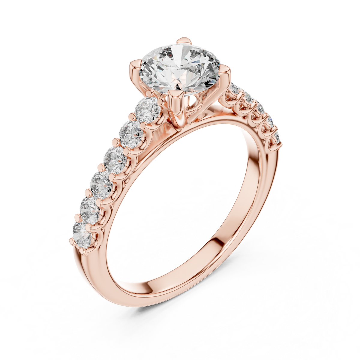 Four-prong rose gold solitaire ring with round diamond band