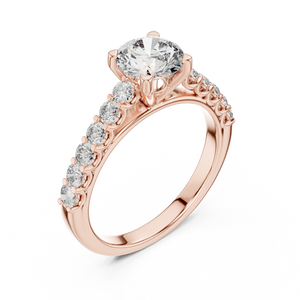 Four-prong rose gold solitaire ring with round diamond band
