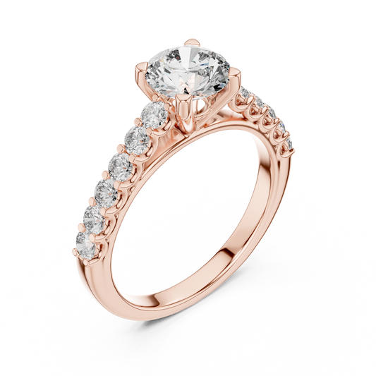 1.54 CTW round lab grown diamond side stone engagement ring in rose gold, angled view