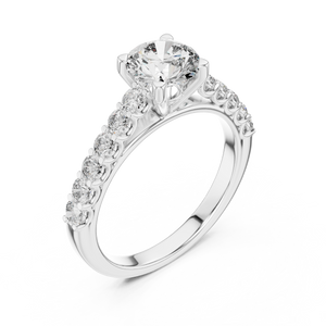 White gold round cut lab-grown diamond engagement ring with side stones on a transparent background