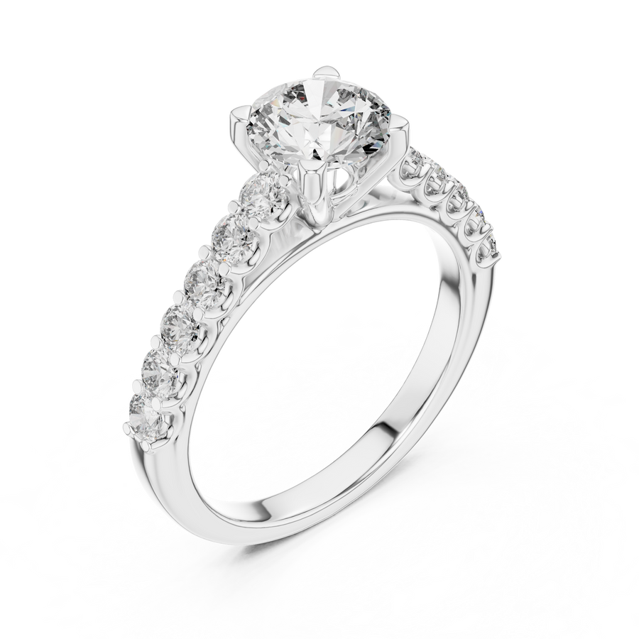 White gold round cut lab-grown diamond engagement ring with side stones on a transparent background