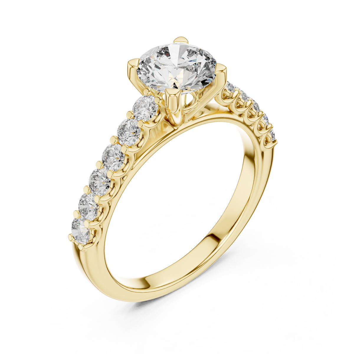 Yellow gold round cut lab-grown diamond engagement ring with side stones on a transparent background