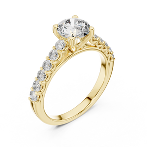 Yellow gold round cut lab-grown diamond engagement ring with side stones on a transparent background