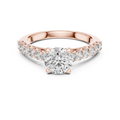 Rose gold round cut lab-grown diamond engagement ring with side stones on a white background