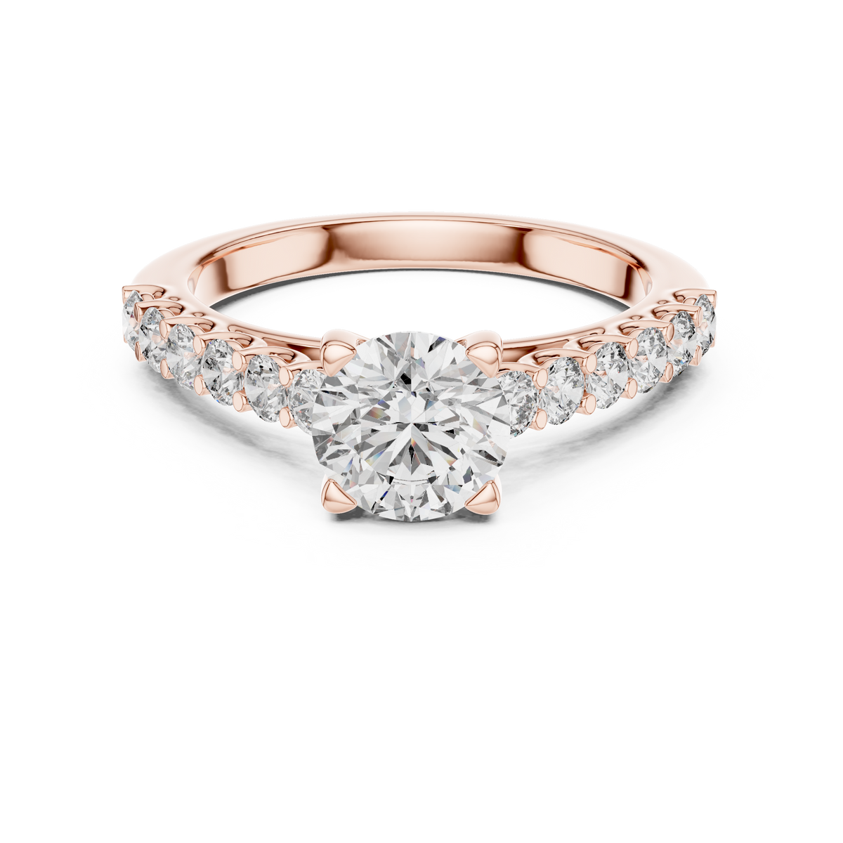Rose gold round cut lab-grown diamond engagement ring with side stones on a white background