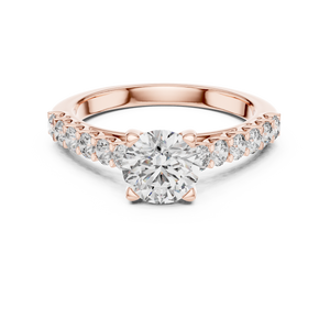 Rose gold round cut lab-grown diamond engagement ring with side stones on a white background