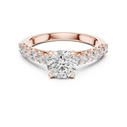 Rose gold round cut lab-grown diamond engagement ring with side stones on a white background