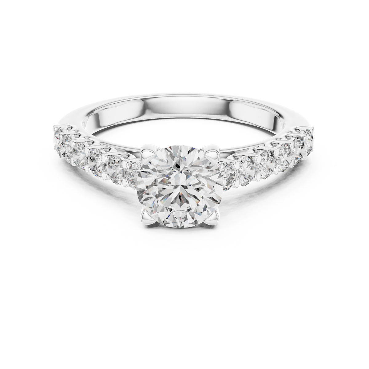 White gold round cut lab-grown diamond engagement ring with side stones on a transparent background