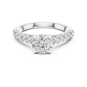 White gold round cut lab-grown diamond engagement ring with side stones on a transparent background