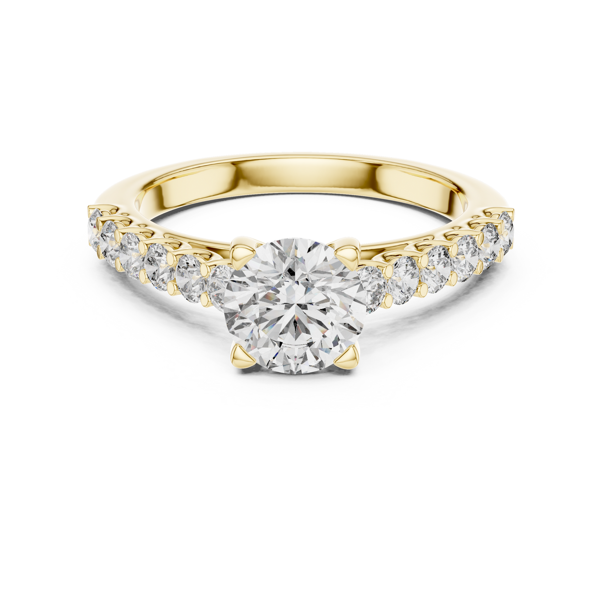 Yellow gold round cut lab-grown diamond engagement ring with side stones on a transparent background