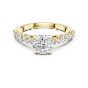 Yellow gold round cut lab-grown diamond engagement ring with side stones on a transparent background