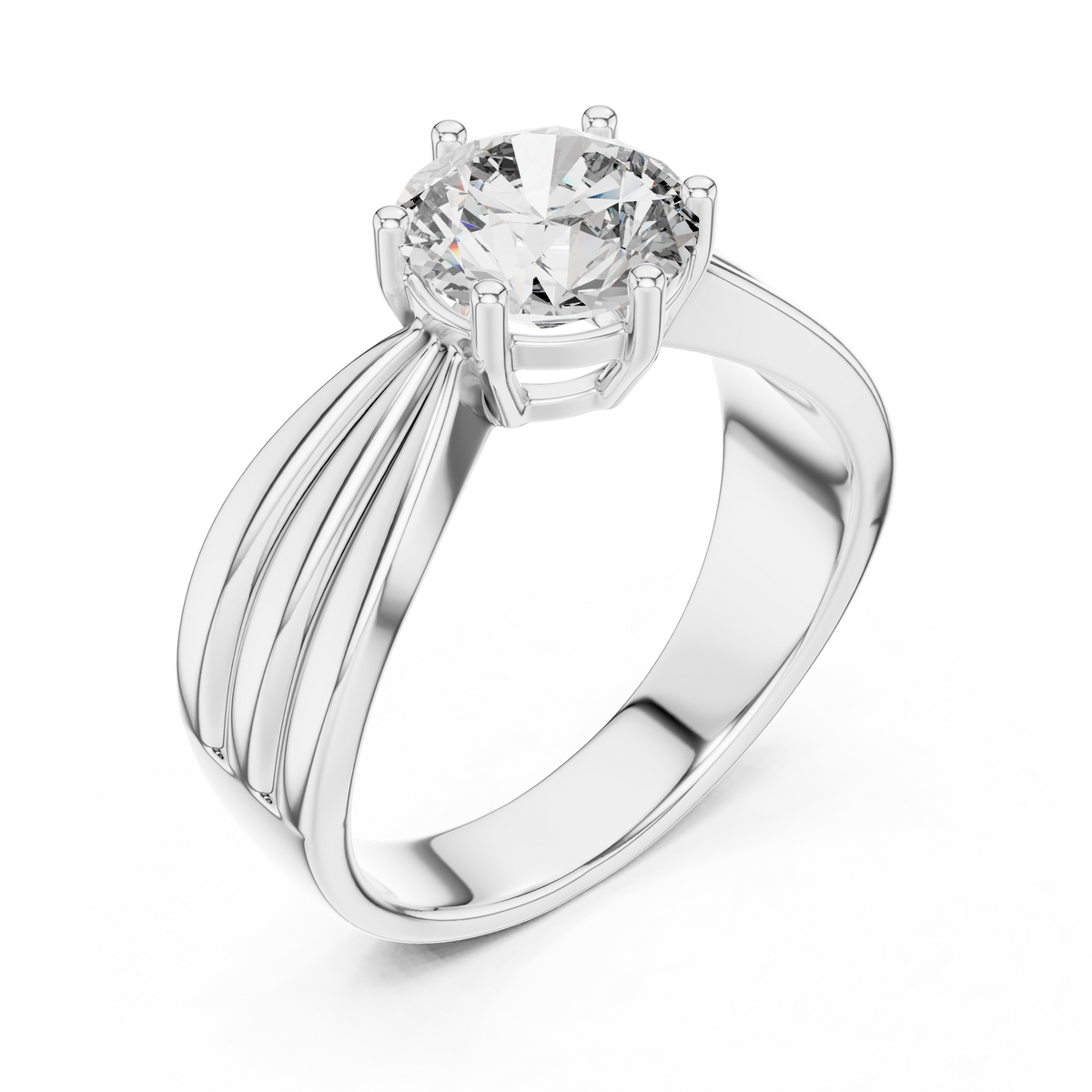 White gold round solitaire lab-grown diamond split-shank engagement ring on transparent background